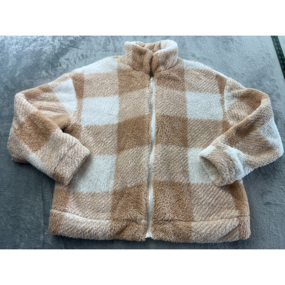 SHEIN Womens Buffalo Plaid Tan White Sherpa Fleece Jacket Large Full Zip Cozy